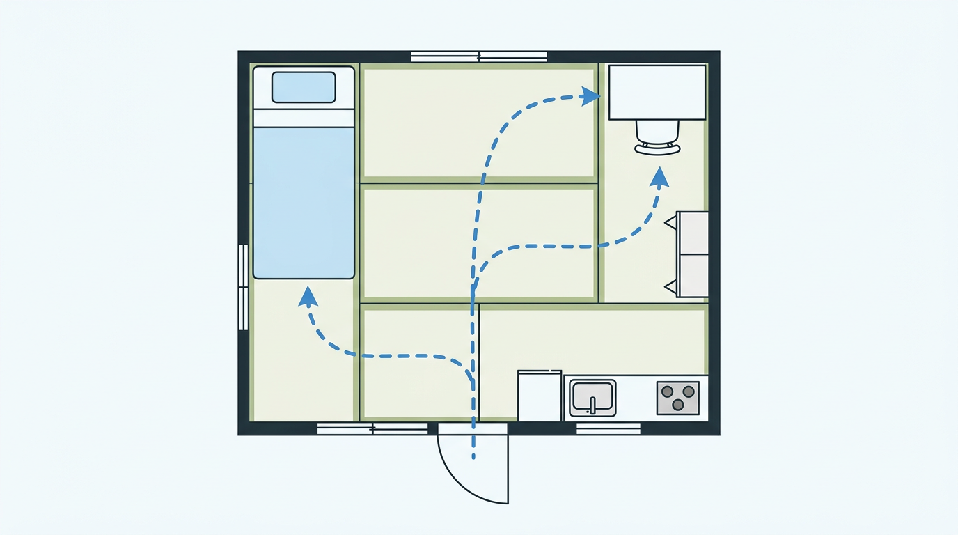 ワンルームにおけるベッド・デスク・収納と生活動線（点線）の関係を示す模式図