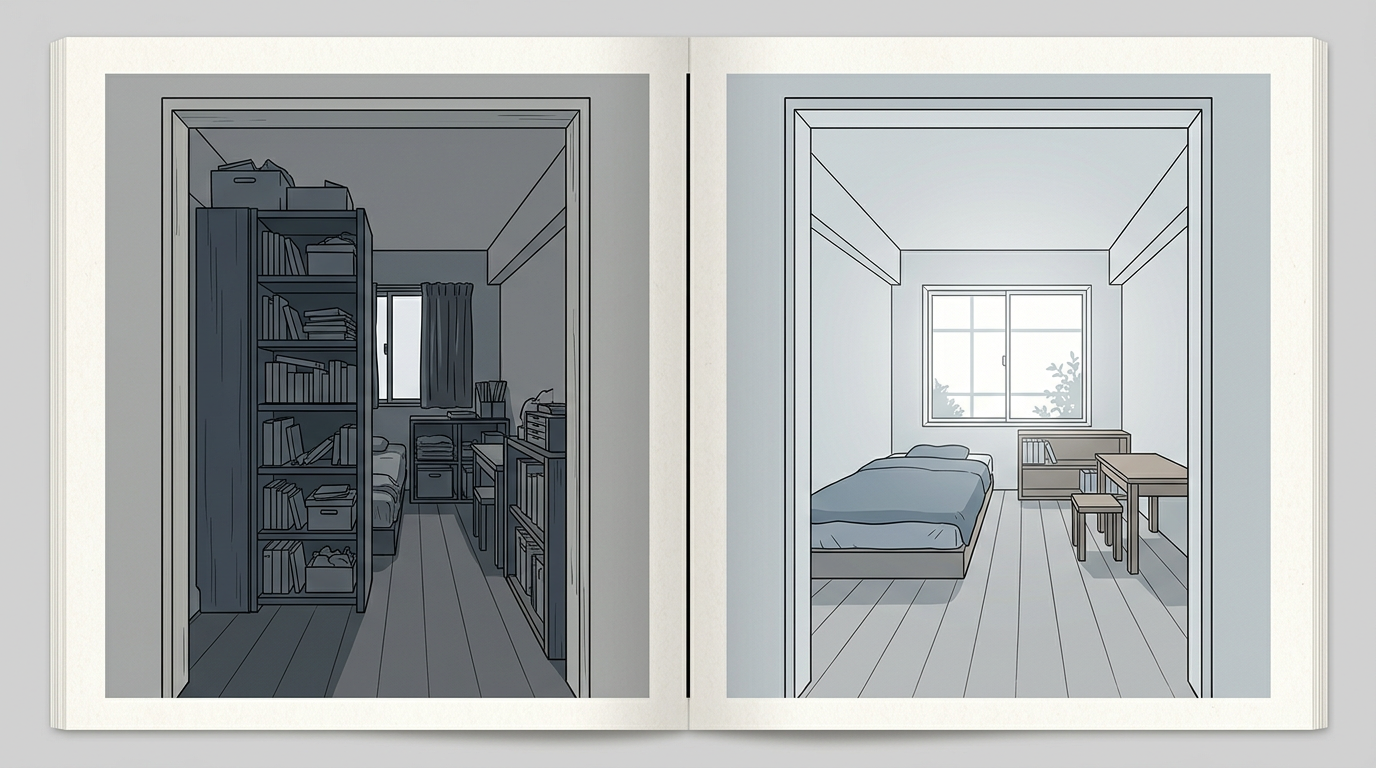 入口からの視線が高い家具で遮られる例（左）と、低い家具で窓方向まで抜ける例（右）の比較