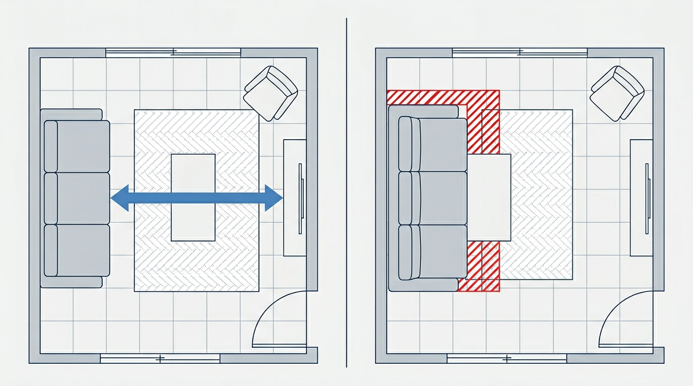 ソファの幅・奥行きと、手前の余白が浅い奥行きと深い奥行きでどう変わるかを示す模式図